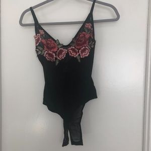 Black Mesh Bodysuit with Flower Detailing